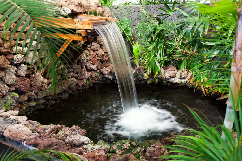 A mini pond and waterfall in a yard. Why not power the waterfall with solar from the dog house. Find out more at DogHouseTimes.com.